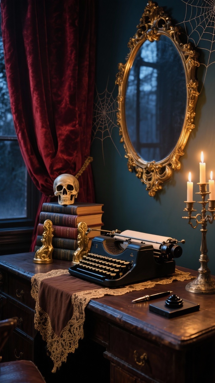 Photorealistic medium shot of a Vintage Haunted Study desk scene at twilight: leather-bound books stacked with brass skull bookends, a lace runner draped across a dark wood desk. An old typewriter (or retro-capped keyboard) beside a fountain pen and a black wax-seal kit with sealing stick. On the wall, an ornate antique gold mirror with subtle spiderweb decals in the corners. A faux-candle candelabra casting warm, flickering light that throws dramatic shadows. Background framed by a rich burgundy velvet curtain panel. Palette: oxblood, tobacco brown, antique gold, inky navy accents. Scholarly, candlelit drama.