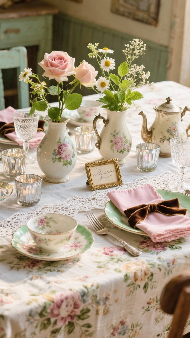 Photorealistic medium shot of a vintage heirloom cottage tablescape: floral chintz tablecloth layered with a lace-edged runner; mismatched vintage china in soft pinks, greens, and creams; trio of antique teapots used as vases holding garden roses, chamomile, and mint for a just-picked look; clustered mercury glass votives sparkling softly; silver flatware with patina, etched vintage coupes and goblets; embroidered or scalloped napkins tied with velvet ribbon; handwritten place cards in mini brass frames; nostalgic, whimsical, late-afternoon warm light