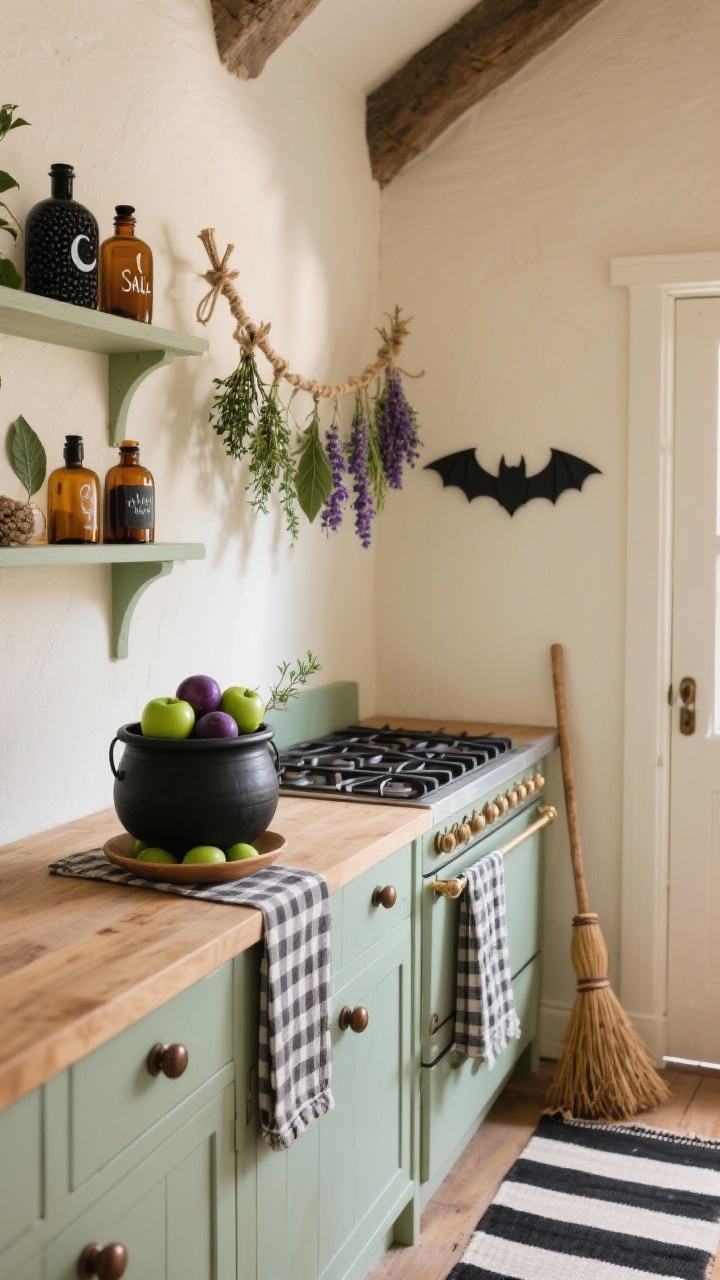 Photorealistic medium shot of a Witchy Cottage Kitchen vignette: cream walls, wood countertops, soft sage accents; open shelves lined with amber bottles labeled by hand (moon salt, bat wings—black beans, dragon scales—bay leaves), a twine garland of drying herbs (thyme, rosemary, lavender) hung above the stove; centerpiece on the island is a matte black cauldron used as a fruit bowl with green apples and purple plums; textiles include a gingham tea towel, a checkered runner, and a black-and-white striped rug visible at the bottom edge; oil-rubbed bronze cabinet knobs, a simple straw broom leaning by the door. Soft natural daylight with cozy shadows. Straight-on view. No people.