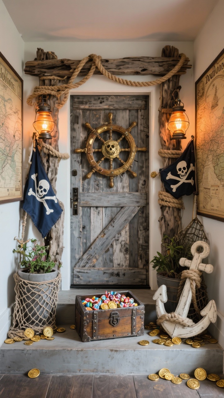 Photorealistic medium shot, straight-on, of a pirate’s cove entry: doorframe clad in weathered driftwood plank panels with thick nautical rope crisscrossed like rigging; faux ship’s wheel as a wreath centerpiece; vintage-style map posters along the sides; battered chest at base filled with candy “doubloons”; amber-bulb lanterns, skull-and-crossbones flag, fishing net draped over planters; foam anchor propped on steps with scattered faux gold coins; color palette driftwood gray, brass, navy, bone; textures rope, worn wood, aged metal; warm maritime glow.
