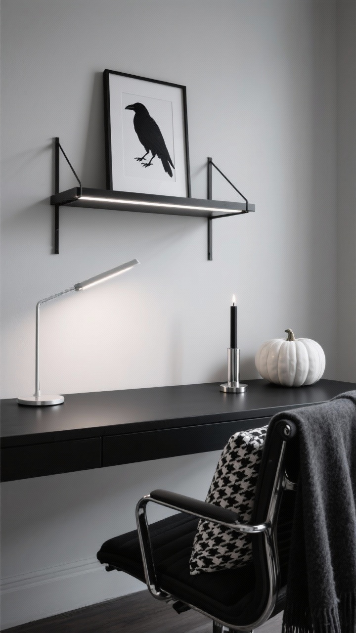 Photorealistic medium shot, straight-on view of a Midnight Minimalist office desk: matte black desk surface with a low-profile dimmable task lamp, slim white ceramic pumpkin, and a single black taper candle in a chrome holder. On the wall above, a thin black metal frame holding a stark white print of a raven silhouette. Charcoal wool throw draped over the chair, small black-and-white houndstooth cushion, and a cool-white LED strip under a wall shelf casting sculptural shadows. Palette: matte black, charcoal, snow white, whisper of chrome. Geometric shapes, tidy surface, moody lighting.