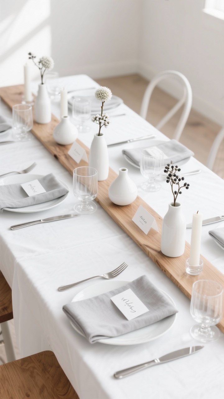 Photorealistic overhead detail shot of a modern minimalist maple tablescape: crisp white tablecloth with a thin maple wood slab runner; evenly spaced low white ceramic bud vases each holding a single stem (snowberries, billy buttons, clipped branches), interspersed with clear glass cylinder candles; white porcelain plates with narrow rims, brushed stainless flatware, angular modern glassware; light gray cotton napkins folded into sleek rectangles tucked under the forks; acrylic place cards with white script; palette of white, soft gray, and warm wood, airy and uncluttered, bright natural light