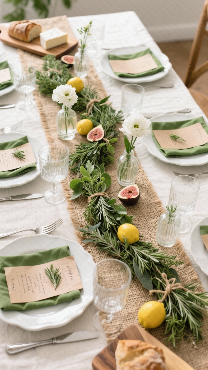 Photorealistic overhead shot of a farm-to-table fresh greens setup: woven jute runner with a serpentine garland of fresh herbs—rosemary, thyme, sage—interlaced with lemons and figs; clear glass bud vases dotted along the runner holding single white blooms; olive wood boards placed as serve surfaces with bread and cheeses; white plates with subtle organic edges, matte silver/pewter flatware, simple tumblers and stemless wine glasses; moss green napkins wrapped with twine and a sprig of rosemary; handwritten kraft paper menus at each plate; bright natural light, vibrant and fresh