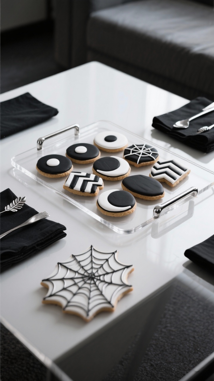 Photorealistic straight-on medium shot of a “Midnight Minimalist Loft” cookie arrangement on a lucite tray: geometric cookies in jet black and crisp white featuring chevrons, oversized dots, negative-space moons; subtle matte vs. gloss contrasts; selective chromed silver leaf accents on edges like polished metal; a single clean piped line forming a minimalist spiderweb across a rectangular “coffee table” cookie. Set with black napkins; sleek, modern, high-contrast lighting with sharp shadows to emphasize geometry. No people.