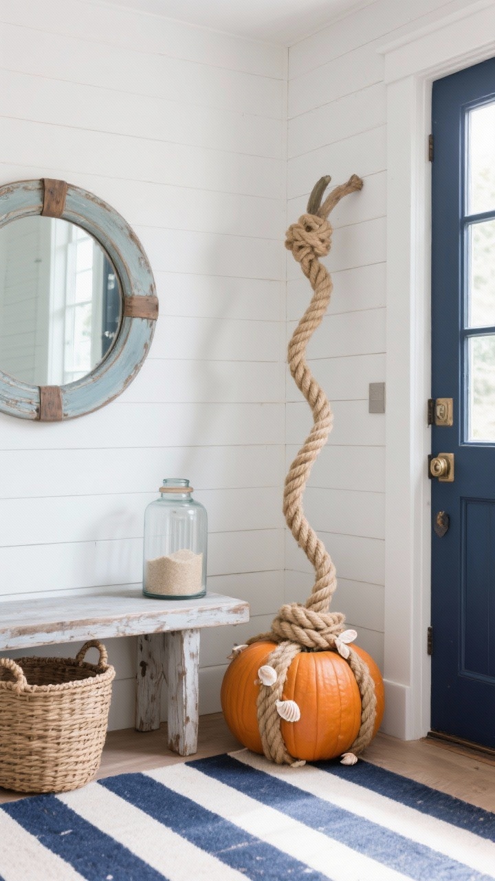 Photorealistic wide coastal entryway: shiplap walls, weathered bench, navy striped rug; pumpkins wrapped in thick jute rope spiraling from top to base, finished with a knotted stem and tiny seashell accents; rattan basket nearby, round porthole mirror on wall, glass hurricane with sand; palette navy, sand, white, driftwood gray; bright airy daylight, maritime charm; no people.