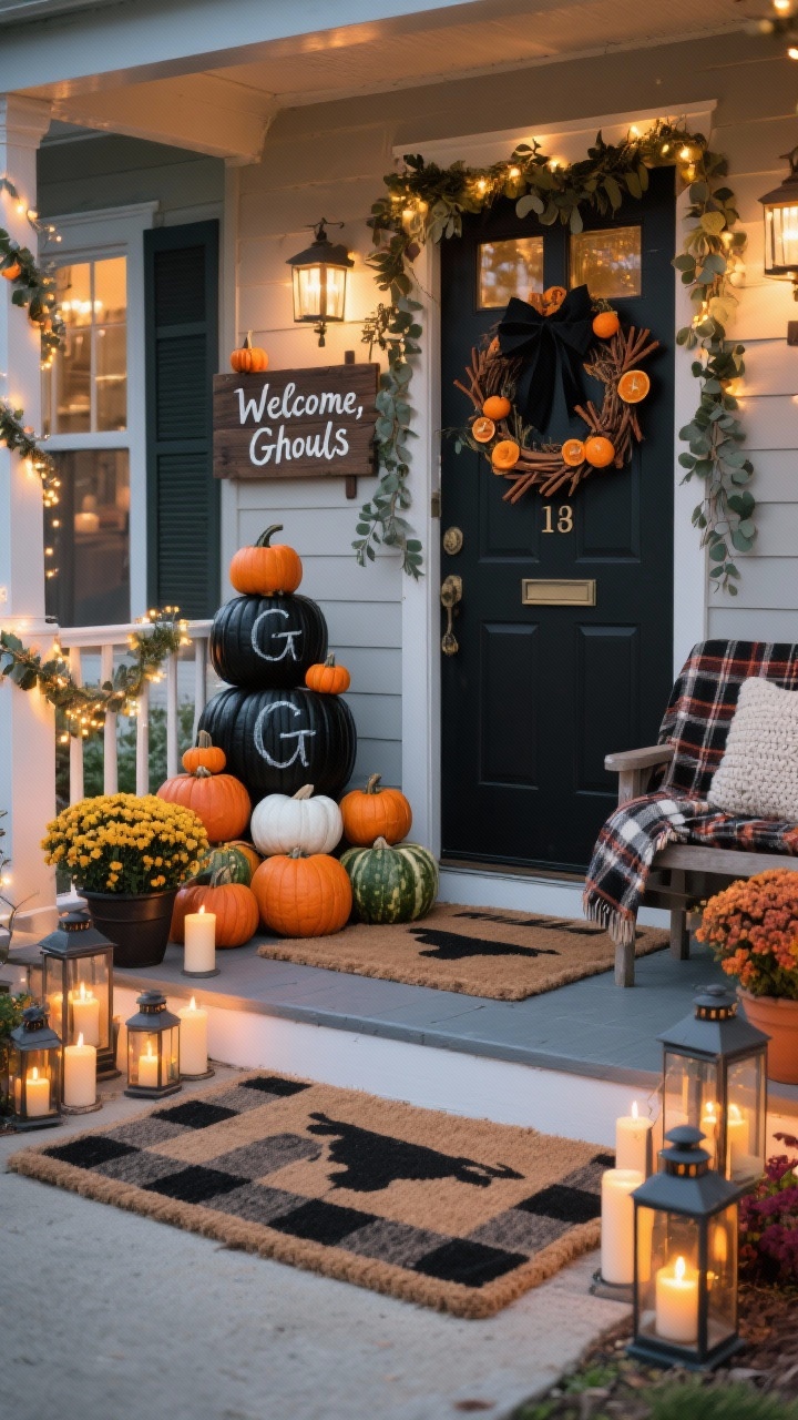 Photorealistic wide exterior shot of a Pumpkin Patch Porch Party: layered doormats (jute base under black-and-white buffalo check), potted mums flanking the door, a pyramid of pumpkins mixing classic orange with white and green heirlooms; railing wrapped with twinkle lights and eucalyptus garland, mini pumpkins tucked like ornaments; a hand-painted wooden sign reading “Welcome, Ghouls”; DIY matte-black pumpkins with chalked monograms/house number; bench seating with plaid throws and chunky knit pillows; door wreath made of dried oranges, cinnamon sticks, and black ribbon; cluster of lanterns at varied heights with battery pillar candles glowing. Twilight ambiance with warm sparkle. Straight-on curb appeal composition. No people.