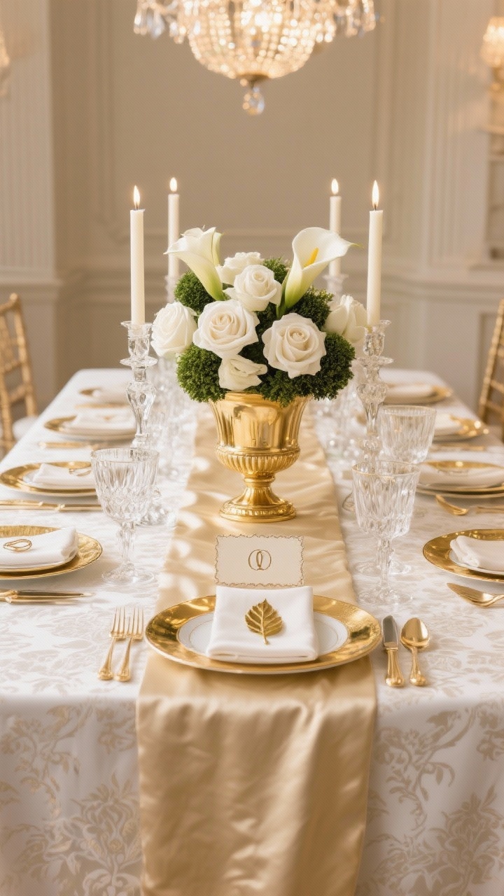 Photorealistic wide, formal straight-on view of a gilded traditional elegance table: ivory damask cloth with a champagne satin runner; central polished gold urn overflowing with white roses, calla lilies, and boxwood; crystal candlesticks with tall ivory tapers providing height and sparkle; fine china with gold rims on gold chargers, mirror-finish gold flatware, classic etched stemware; ivory napkins with monogram rings; place cards on deckled-edge paper and a single gilded leaf at each setting; refined, timeless atmosphere with soft, glowing chandelier light