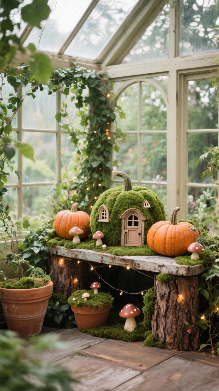 Photorealistic wide garden conservatory corner: terracotta pots, climbing ivy, weathered potting bench; pumpkins fully covered in sheet moss, dotted with tiny faux mushrooms, miniature doors, and fairy windows; set on bark slabs with twinkle lights tucked into foliage; palette moss green, wood brown, copper, soft cream; whimsical, lush, storybook mood with soft dappled greenhouse light; no people.