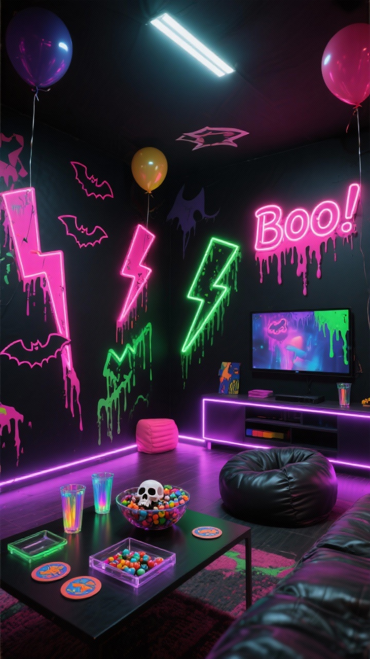Photorealistic wide interior of a Neon Nightmare Game Room: black walls with a removable mural of lightning bolts and dripping paint, palette of black, hot pink, slime green, and electric purple; sleek media console, LED strip lighting washing the walls with color, a neon sign that says “Boo!” glowing; DIY foam board bats and lightning shapes painted neon and outlined with glow paint; soft seating with high-saturation floor cushions and a faux-leather beanbag; tabletop styling with acrylic trays, neon coasters, iridescent cups, and a bowl of candy skulls; overhead lights off, strong blacklight effect making decals and glossy balloons pop. Shot at a low angle to emphasize glow and energy. No people.