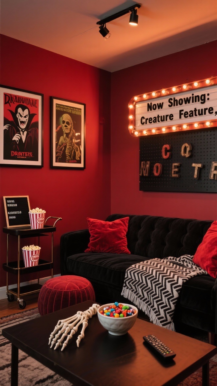 Photorealistic wide living-room view of a Retro Monster Movie Theater: deep red and black palette; sofa layered with red velvet pillows and a black herringbone throw, floor poufs up front; bar cart snack station with striped popcorn tubs, vintage-style letter board reading “Now Showing: Creature Feature,” and a ceramic hand bowl filled with candy; wall with framed classic posters (Dracula, The Mummy, 50s sci‑fi) in simple black frames; DIY mini marquee using battery puck lights behind a perforated board with cut-out letters; overhead lights off, screen glow illuminating the room; a plastic skeleton hand resting on the remote on the coffee table for a cheeky touch. Straight-on cinematic composition. No people.