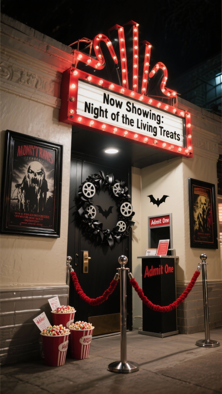 Photorealistic wide nighttime shot from a slight upward angle of a monster movie marquee entry: theater-style marquee lights framing the door, with a DIY header sign reading “Now Showing: Night of the Living Treats”; weatherproof vintage horror posters in black frames along both sides; film reel wreath with black ribbon tails; small ticket stand with “Admit One” stubs; popcorn buckets holding candy; red velvet rope stanchions; projected bat silhouette fluttering across the door; color palette black, red, cream, metallic silver; textures glossy poster, metal, velvet; bold, cinematic lighting.