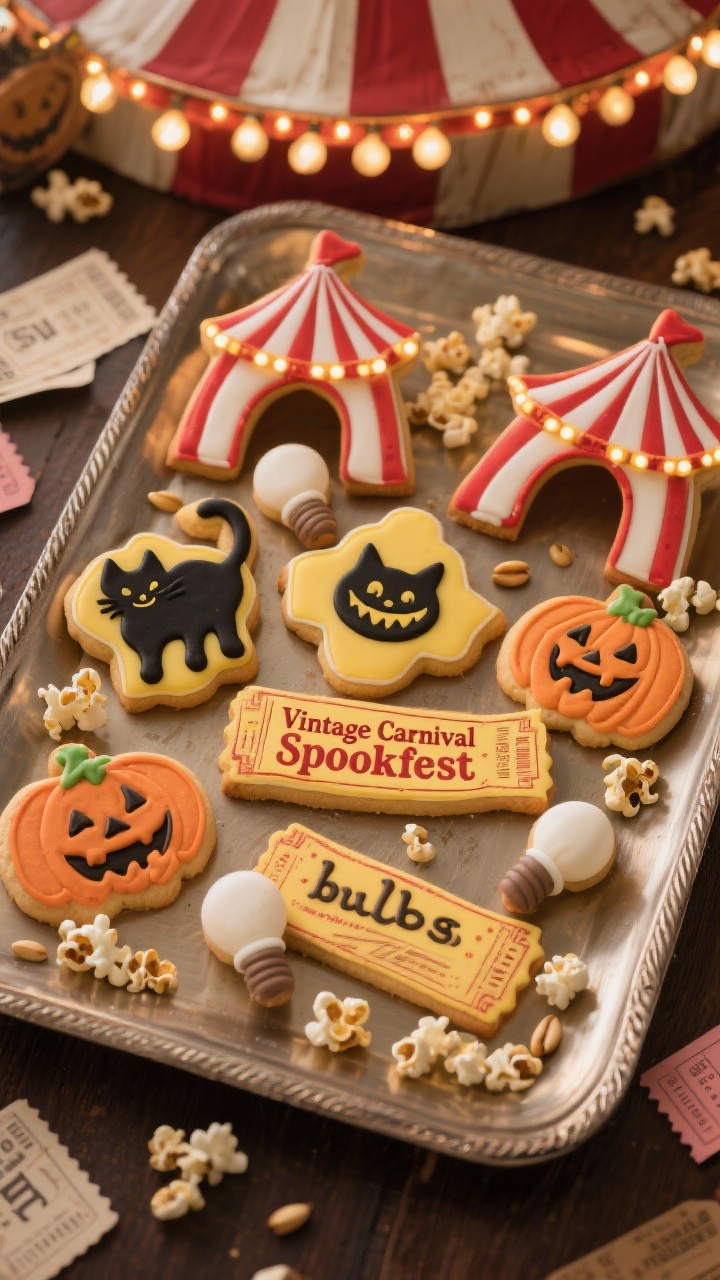 Photorealistic wide overhead tray shot of a “Vintage Carnival Spookfest”: ticket and banner cookies in buttercream yellow and faded red with lightly dragged color for sunwashed poster effect; striped tent cookies with crisp white and carnival red arches; black cat silhouettes, grinning jack-o’-lanterns, and tiny sugar “bulbs” as marquee lights; sepia edging for distressed antique feel. Scatter real popcorn kernels and paper ticket stubs around the platter; nostalgic, playful carnival mood under warm incandescent light. No people.