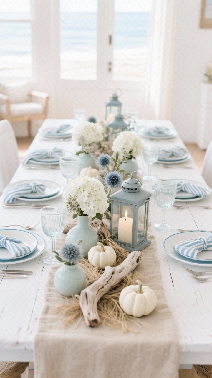 Photorealistic wide shot of a coastal harvest calm dining table set in a bright, airy room: white-washed table with a soft sand-colored runner, bleached driftwood pieces and olive branches woven through the center; airy florals of white hydrangeas, dusty miller, and pale blue thistle; hurricane lanterns with candles and a touch of beach grass at the base; white plates with light blue rims, polished silver flatware, clear glassware with a subtle blue tint; striped ivory and ice-blue napkins knotted casually; seafoam ceramic bud vases and scattered white mini pumpkins; serene seaside palette, gentle daylight