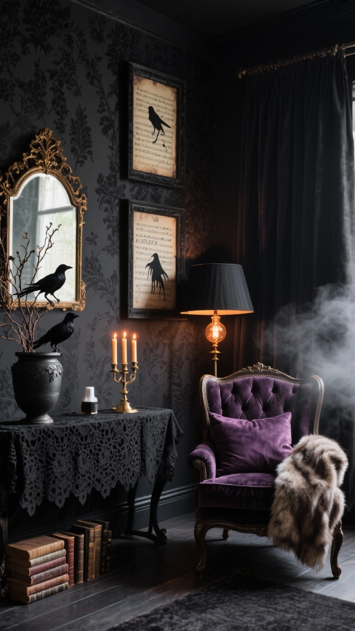 Photorealistic wide shot of a Moody Manor Parlor: charcoal-painted walls with removable black wallpaper texture, deep plum throw pillows on a vintage tufted chair, inky velvet floor-to-ceiling curtains, an antique-look console with a black lace runner, brass candlesticks with taper candles glowing warm amber, a thrifted gilt mirror above; matte-black painted thrifted frames on the wall with tea-stained sheet music and spooky silhouettes, black lampshades with warm Edison bulbs, a faux fur throw draped over a chair, leather-bound books stacked on the console, a large urn holding dry branches with a few faux ravens perched, subtle cool fog from a diffuser (cedar and clove atmosphere). Shot from a corner angle to capture depth, low warm lighting for elegant gothic mood. No people.