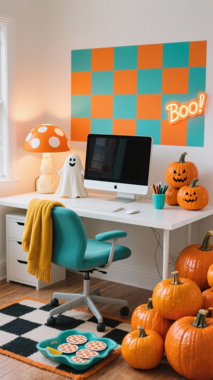 Photorealistic wide shot of a Retro Pumpkin Pop workspace, straight-on: a crisp white desk with a teal task chair, cluster of glossy pumpkin-orange pumpkins in varied sizes, and a friendly retro ghost figurine. Behind the monitor, a bold orange-and-teal checkerboard wall decal. A mushroom lamp casting a warm glow sits beside a small neon “Boo!” sign. Accessories include a patterned coaster set, teal pen cup, and a mustard throw draped over the chair. On the floor, a checkerboard rug; supplies corralled in a wavy-edged tray. Palette: pumpkin orange, mustard, teal, white. Cheerful, 70s-inspired.