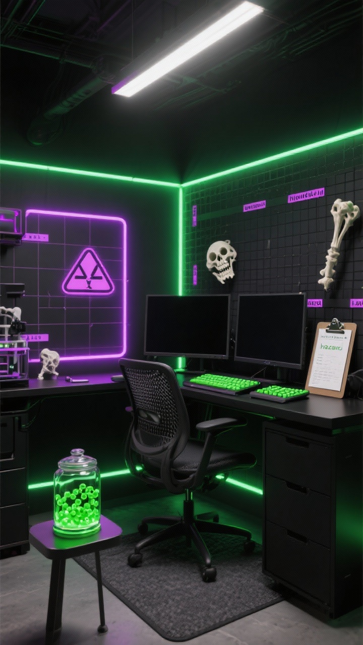 Photorealistic wide shot, slightly low angle, of a Neon Nightmare Lab setup: matte black desk with dual-monitor rig framed by neon LED strips in hot neon green and ultraviolet purple. A glass specimen jar on a small LED base holding faux glowing green slime (gel beads). Wall features hex-grid decals with glowing edge tape outlining zones. Props include 3D-printed bones, a “hazard” clipboard, and an acid-green silicone keyboard skin. Blacklight strip makes neon elements pop while overhead lights stay low. Grounded by a graphite floor mat and a mesh-back chair. High-contrast, cyber-horror lab mood.