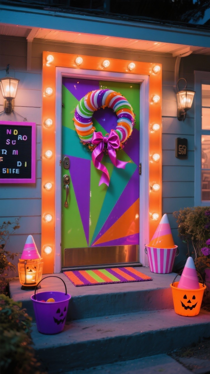 Photorealistic wide, straight-on nighttime shot of a retro trick-or-treat entry: door framed with bulb marquee lights in orange, purple, and lime; temporary glossy vinyl geometric door panel in candy colors; wreath made of oversized lollipop swirls and satin ribbon curls; vintage trick-or-treat buckets and striped doormat; 50s-inspired letterboard sign; glowing candy-corn lanterns on steps; color palette orange, grape purple, lime, bubblegum pink; textures glossy vinyl, acrylic, satin ribbon; neon-bright, nostalgic glow.