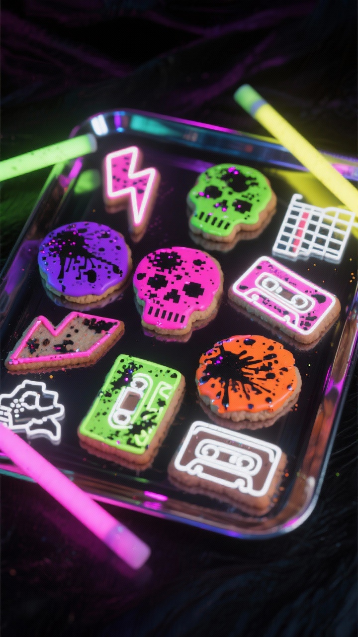 Photorealistic wide straight-on shot of a “Retro 80s Neon Nightmare” cookie set on a mirrored tray: cookies flooded in electric purple, acid green, hot pink, and neon orange with black cocoa paint splatter for gritty street-art texture; zigzags, lightning bolts, pixelated skulls, graph-paper grids, and cassette-tape silhouettes; bright white outlines to fake neon glow; optional edible UV sparkle. Include a few glow sticks on the tray; high-energy, nightclub mood under blacklight-style illumination to make neons pop. No people.