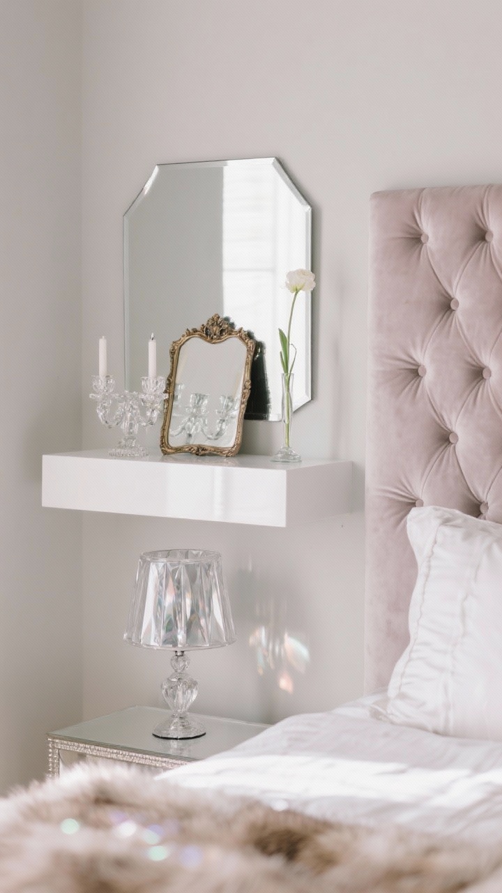 Soft glam closeup detail: lacquered white shelf with a beveled front mounted above a tufted velvet headboard in blush or dove gray; leaned small antique-style mirror, crystal candleholders catching light, and a delicate glass bud vase with a single stem; hints of sateen bedding and a faux-fur throw below; mercury glass bedside lamp bokeh in background; luminous, refined sparkle with gentle, flattering lighting.