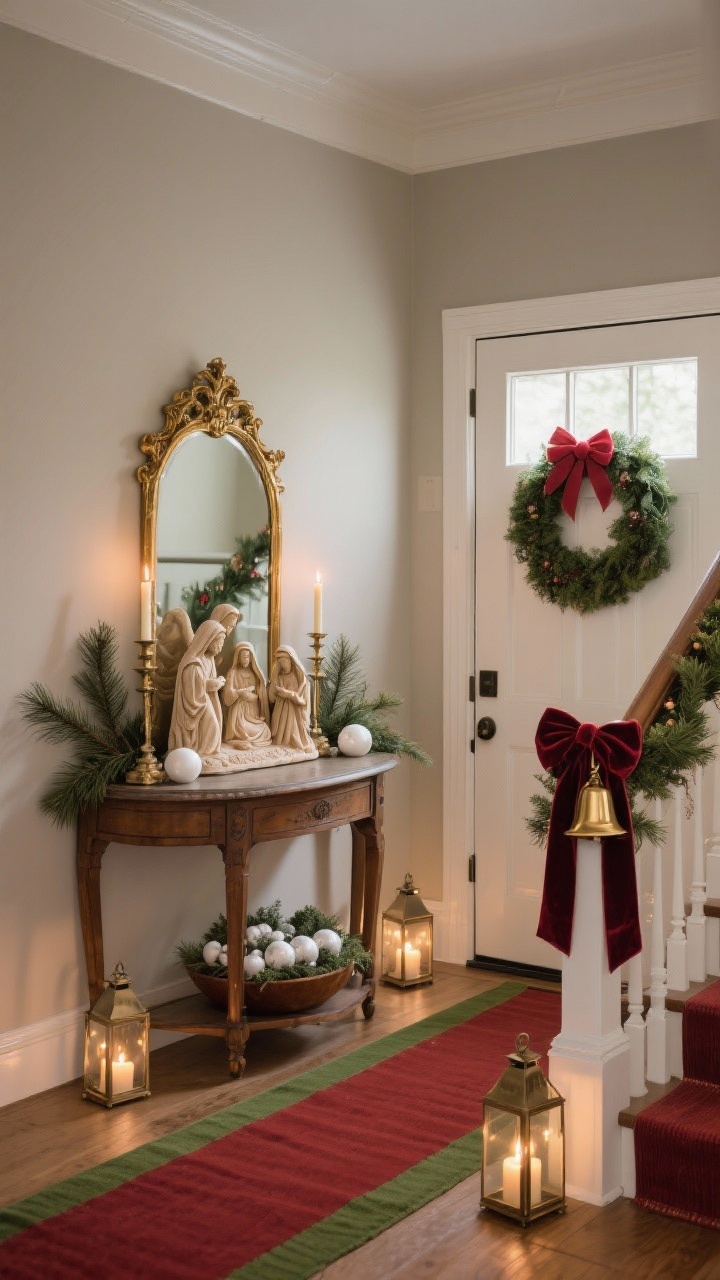 Straight-on medium — Nativity-Focused Entryway: Serene entry with neutral walls and a muted red or green runner. A vintage console table topped with a carved nativity set beneath a gilded mirror, flanked by candlesticks, cedar sprigs, and a bowl of white ornaments for quiet sparkle. Staircase banister draped in garland with velvet ribbon and brass bells. Lanterns with battery candles on the floor for safe glow. Front door features a classic round wreath of pine and boxwood with a simple red bow. Reverent, welcoming mood, photorealistic evening lighting.