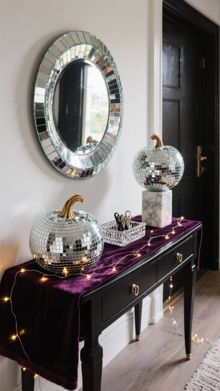Straight-on medium shot of a glam entryway: dark wood or black lacquer console table beneath a large round wall mirror. Medium-sized pumpkins fully covered in adhesive mirror tiles like disco balls, stems left natural for contrast, resting on a deep plum velvet runner. Battery-operated fairy lights subtly tucked around the pumpkins, a crystal catchall tray for keys, and a small marble pedestal elevating one pumpkin for varied height. Reflective sparkle, photo-ready glam, balanced highlights without harsh glare.