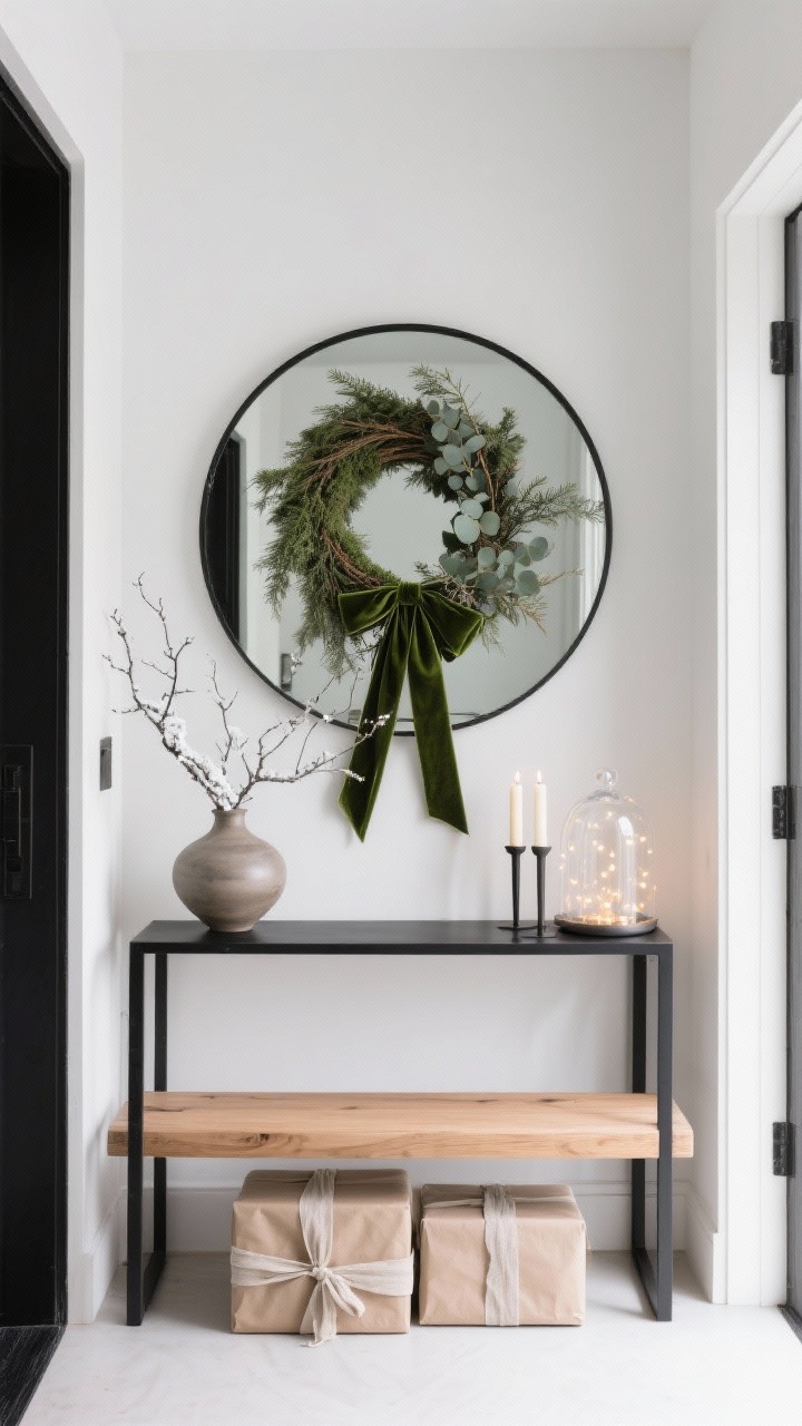 Straight-on minimalist entryway, bright yet soft lighting: slim black console beneath a large round mirror, streamlined ash or light oak bench. A single asymmetrical statement wreath with cedar and eucalyptus and moss-green velvet ribbon tails as the focal point. On the console, a sculptural ceramic vase with winter branches and two sleek taper candles; a clear glass cloche containing warm micro-lights. Neatly stacked neutral-wrapped gifts under the bench (kraft paper, linen ribbon). Palette: black, soft white, ash wood, moss green. Calm, gallery-clean, photorealistic.