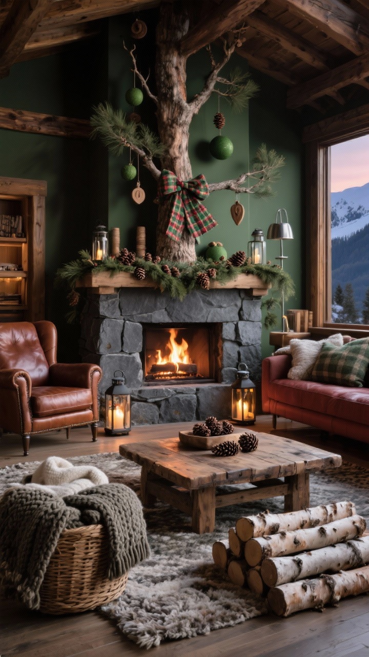 Wide cozy den scene at dusk with firelight: charcoal stone fireplace, leather club chairs, reclaimed wood coffee table, wool ottoman, chunky knit throw, stacks of birch logs. Earthy palette of forest green, oxblood, cocoa brown with brushed nickel accents. Rustic tree featuring wooden ornaments, matte green balls, and loosely woven plaid ribbon. Mantel lined with pine garland and pinecones; iron lanterns on the floor for layered light; woven basket of extra blankets and a textured wool rug. Refined alpine chalet mood, photorealistic.