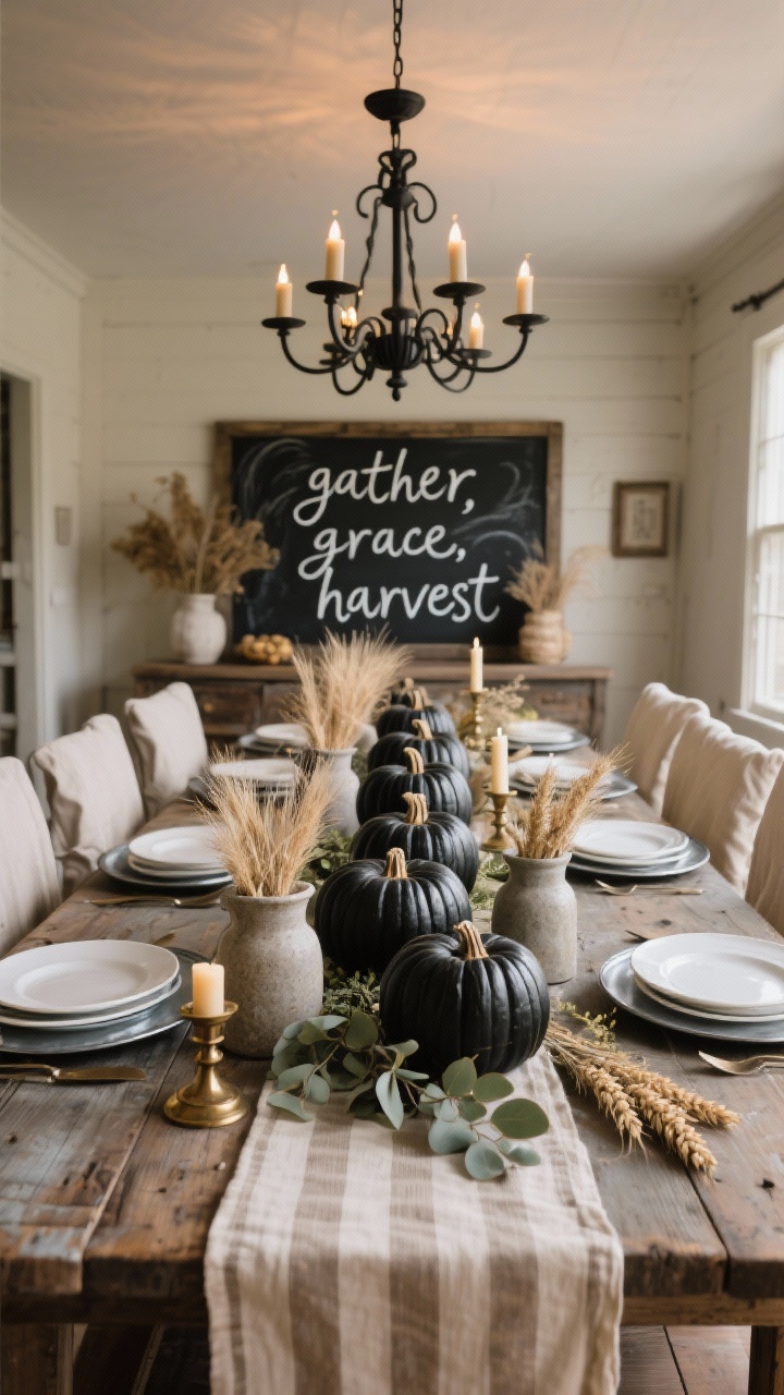 Wide dining room scene in rustic farmhouse style: weathered farmhouse table under a black iron chandelier, linen slipcovered chairs, ticking stripe runner in soft neutrals. Centerpiece is a row of chalkboard-black painted pumpkins hand-lettered in white chalk pen with words like “gather,” “grace,” and “harvest,” tucked among eucalyptus and wheat sprigs. Place settings include galvanized chargers under white dinner plates, stoneware pitchers used as vases for dried grasses, and beeswax taper candles in vintage brass holders. Warm, inviting ambiance with soft evening glow.