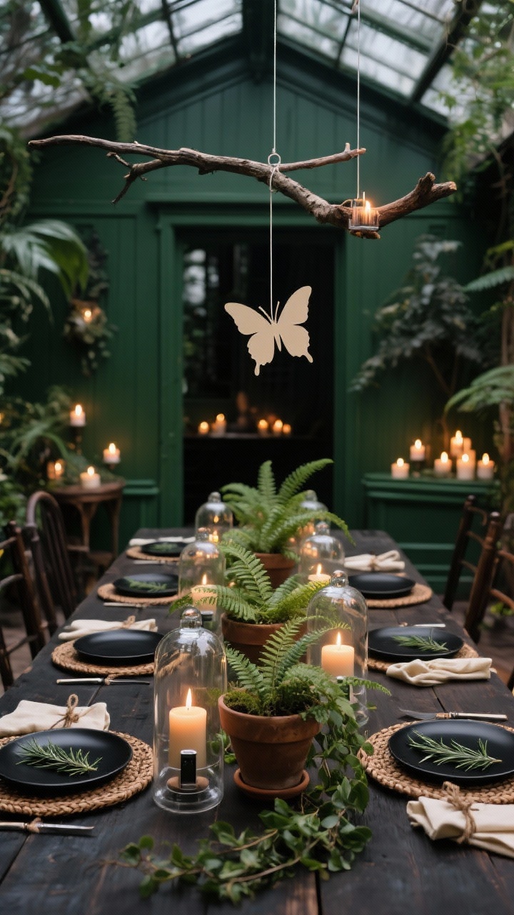 Wide dining table scene, Gothic Greenhouse Dining Room: a candlelit conservatory vibe with deep green and black tones; center of table lined with potted ferns and trailing ivy; thrifted glass cloches over hidden battery tea lights for a soft, misty glow; black plates atop woven natural-wood chargers, linen napkins in cream with twine ties and a sprig of rosemary tucked in; a suspended rustic branch overhead with paper moth cutouts hanging by clear fishing line, circling the “lights”; clustered votives enhancing the greenhouse atmosphere; no people, photorealistic.