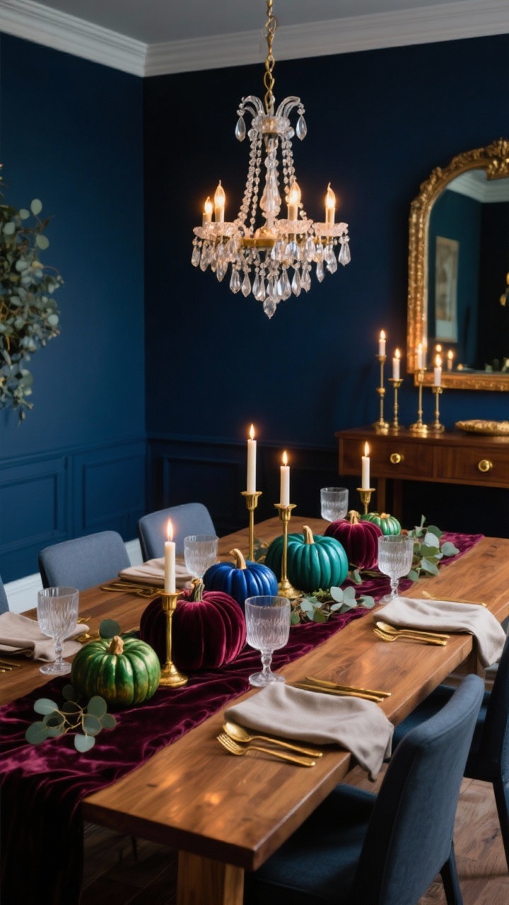 Wide, dramatic dining room scene: deep navy walls, polished warm wood table, crystal chandelier sparkling overhead. Centerpiece runner of velvet-covered pumpkins in jewel tones (emerald, sapphire, burgundy) nestled among gold taper holders and eucalyptus. Parsons chairs, a sideboard with brass pulls, oversized mirror reflecting candlelight. Table set with linen napkins, smoke glass goblets, and gold flatware. Colors: navy, gold, jewel tones, warm wood. Low, moody evening lighting with candle glow for opulence.
