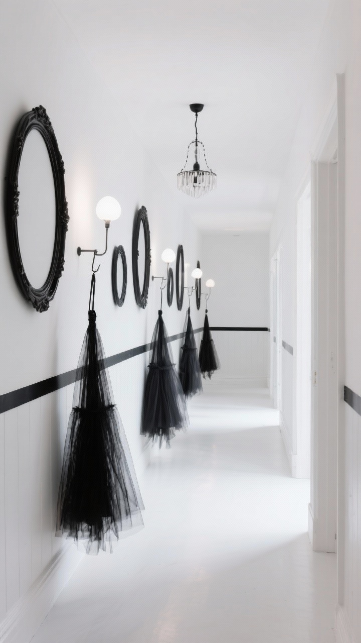 Wide hallway shot, Haunted Ballroom Minimalist Hall: crisp white corridor transformed into a minimalist ballroom; sheer black skirts and tulle hung at varying heights from removable hooks, appearing like invisible dancers mid-spin; a clean line of black tape “wainscoting” along the walls; oval thrift-store frames sprayed high-gloss black with empty centers forming a surreal gallery; a lightweight pendant or chandelier decal as a focal lighting element; cool-white hallway bulbs creating contrast and sharp shadows; palette of white, high-gloss black, subtle gray; no people, photorealistic.