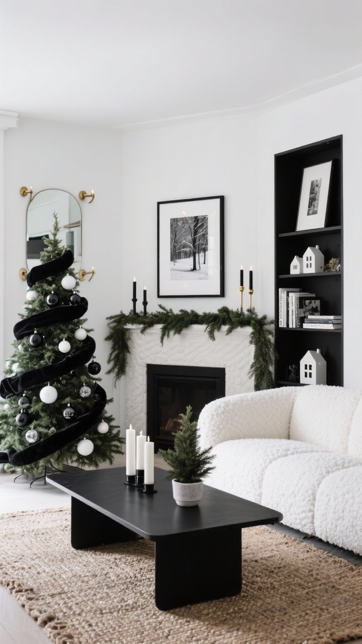 Wide room shot, modern monochrome lounge in daylight: a white boucle sofa, matte black low-profile coffee table on a natural jute rug, slim black bookshelf with art books, small potted evergreens, and white taper candles. A strictly monochrome Christmas tree with matte black ornaments, white glass baubles, lush black velvet ribbon spiraled down, and a few brushed brass hooks. Over the mantel, a framed black-and-white winter photograph replaces a mirror; black candlesticks, white ceramic houses, and an evergreen garland style the space. Palette: white, black, evergreen, hints of brass. Crisp, graphic, calm gallery vibe, no people, photorealistic.