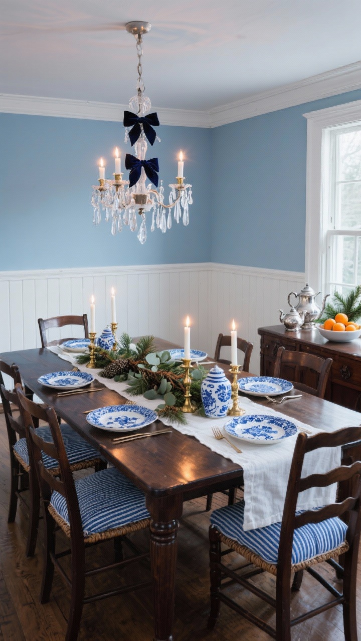 Wide shot — Blue-and-White Colonial Dining Room: Classic New England dining room with ivory wainscoting and either soft colonial blue or ivory walls. Dark wood dining table with ladder-back chairs and blue ticking stripe cushions. Table styled with a white linen runner, blue willow plates, and polished brass candlesticks. Centerpiece: mixed cedar and eucalyptus garland woven through blue-and-white ginger jars. Chandelier adorned with small velvet bows and hanging glass icicles. Sideboard holds a silver tea set, a bowl of clementines, and evergreen sprigs. Evening candlelight sparkle, photorealistic.