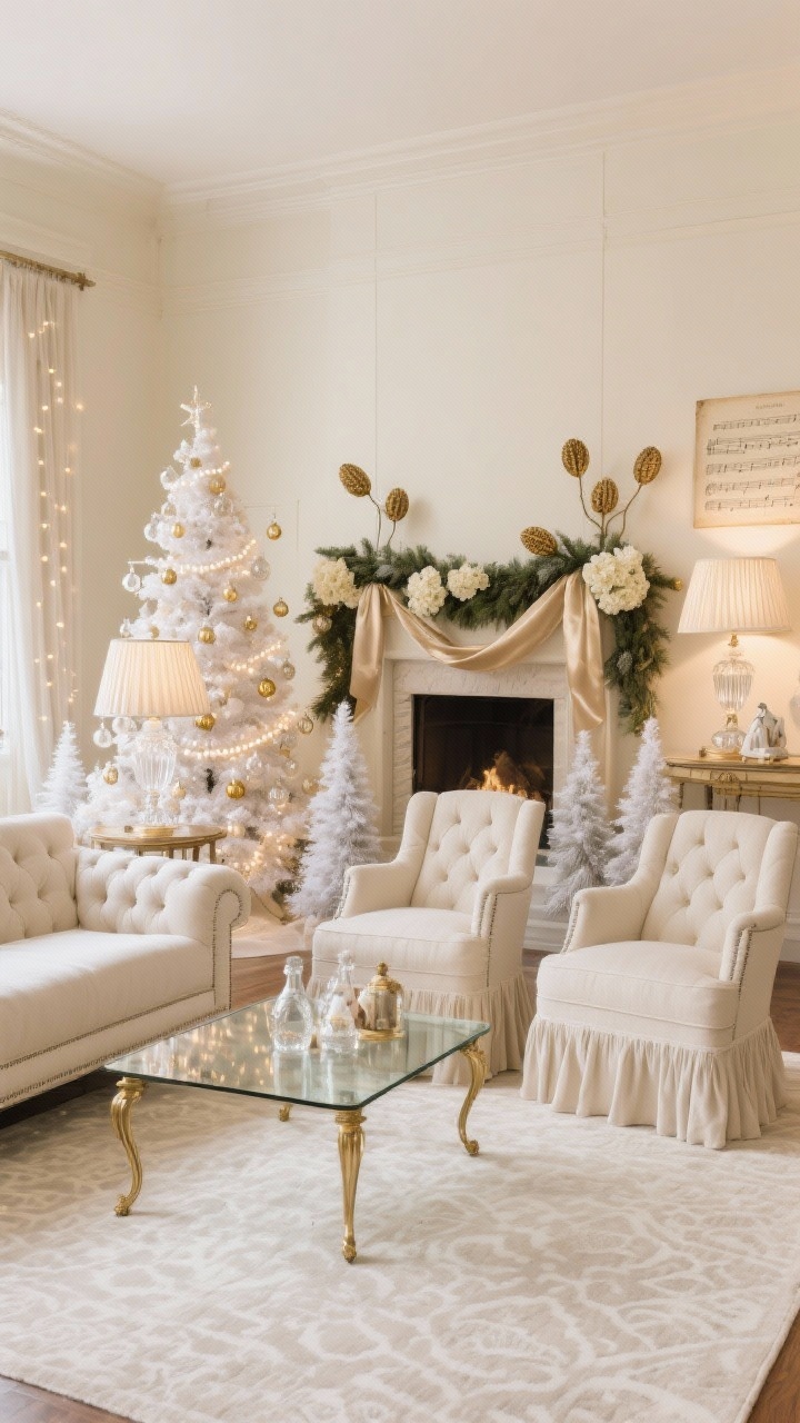 Wide shot — Classic Champagne & Cream Formal Lounge: Elegant lounge with creamy walls, a tufted linen sofa, pale patterned rug, and a glass-top coffee table with brass legs. Pair of skirted armchairs. Ethereal Christmas tree with white lights, pearl garlands, glass drop ornaments, and soft champagne satin ribbon. Mantel with asymmetrical evergreen swag accented by dried hydrangeas and gold-painted seed pods. Side tables hold crystal lamps with pleated shades casting warm, flattering light. Accents: frosted bottle brush trees, vintage sheet music, porcelain nativity. Soft, glowing, photorealistic.