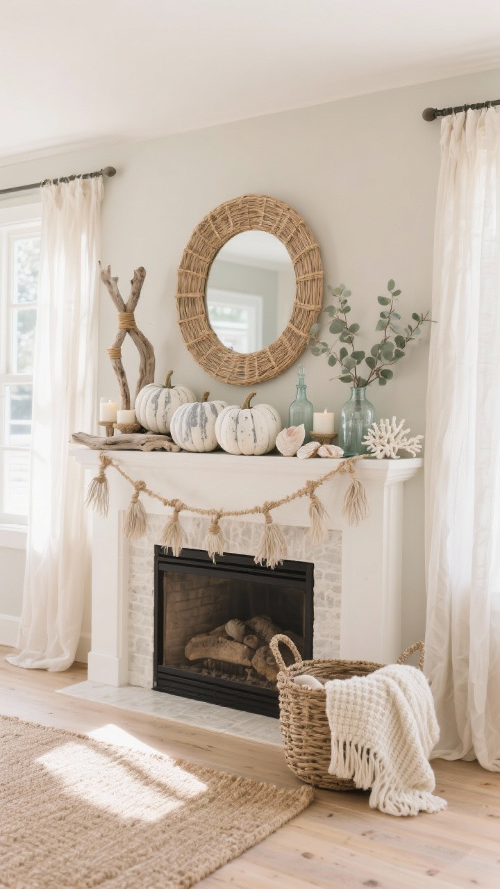 Wide shot, coastal calm mantel in soft afternoon light: sand-hued walls, pale oak floors, gauzy linen curtains. On the mantel, a serene arrangement of whitewashed pumpkins with dry-brushed chalk paint and hint of gray, sisal-wrapped stems, nestled among driftwood pieces, bleached coral, frosted glass votives, sea-glass bottles, shell garland, and pale eucalyptus sprigs. A round rattan mirror anchors above; a jute rug and a basket of cream knit throws below. Colors: ivory, sand, driftwood gray, seafoam. Photorealistic, straight-on composition.