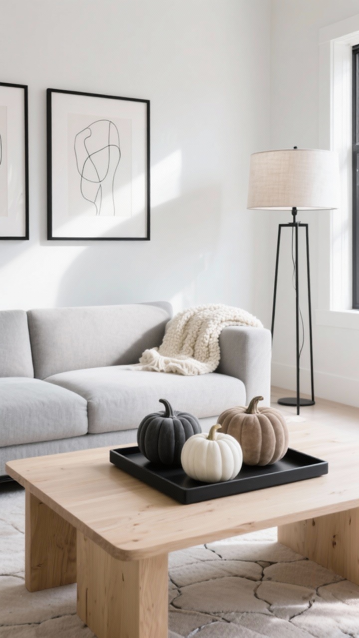 Wide shot, modern minimalist living room flooded with natural light: pale oak coffee table centered in front of a low-profile soft gray sectional, black-white-stone beige palette. On the table, a shallow black tray holds three matte-painted pumpkins in charcoal, bone white, and taupe—no patterns, velvety texture emphasized. Thin black metal floor lamp with linen shade to the side, abstract line art in slim black frames on a white wall, chunky cream boucle throw draped over the sofa arm. Serene, gallery-like mood, soft daylight, clean lines, minimal styling, no people.