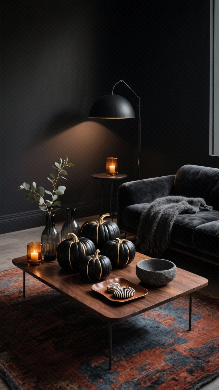 Wide shot, moody modern lounge at night: a low-lit living room with a charcoal velvet sofa, walnut coffee table, and a vintage rug in rust and slate blue. On the table, a sculptural cluster of matte black pumpkins in varied sizes, some with thin brass pinstripes, sits beside smoky glass vases, a leather tray, ribbed ceramic coasters, and a matte stone bowl. Soft amber glass candleholders glow, while a black metal floor lamp with a dome shade casts warm, cinematic shadows. Add a single dark eucalyptus stem, a mohair throw draped on the sofa. Palette: black, walnut, burnished brass. Photorealistic, corner angle.