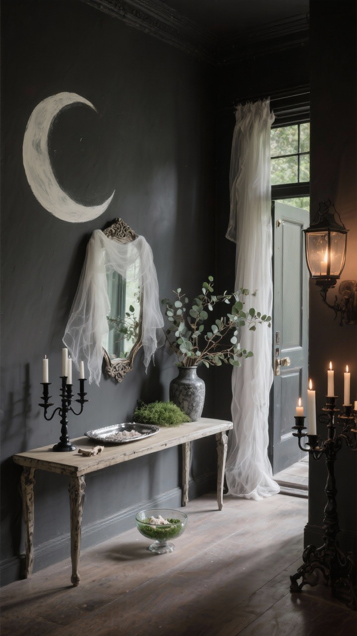 Wide shot, Moonlit Manor Entryway: a mysterious, elegant foyer with a matte charcoal wall featuring a giant painted crescent moon silhouette; an antique mirror draped with wispy cheesecloth for a foggy aged-glass effect; a narrow console table topped with black taper candles, a silver tray, and a thrifted candelabra spray-painted matte black; a small glass bowl of salt-and-flour “bone dust”; a vase with dried eucalyptus for a witchy herbal touch; palette of charcoal, antique silver, soft cream, mossy green; warm white tapers and a dim entry lantern casting soft candlelight and long shadows; no people, photorealistic.