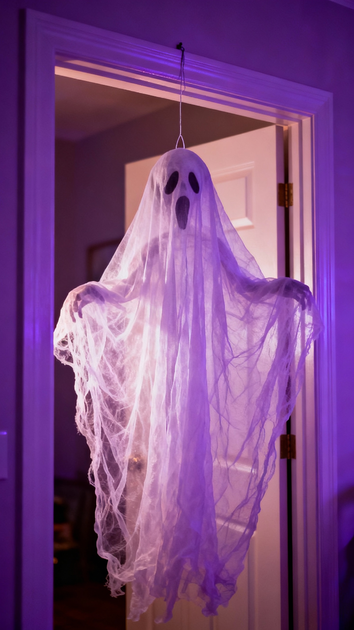 Cheesecloth ghost suspended in doorway, fishing line invisible, soft purple lighting