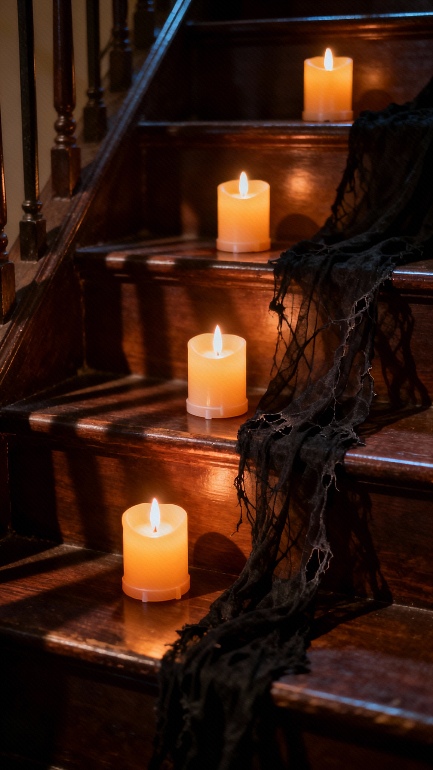 Closeup of flameless candles on stair treads, flickering, shadows, black creepy cloth