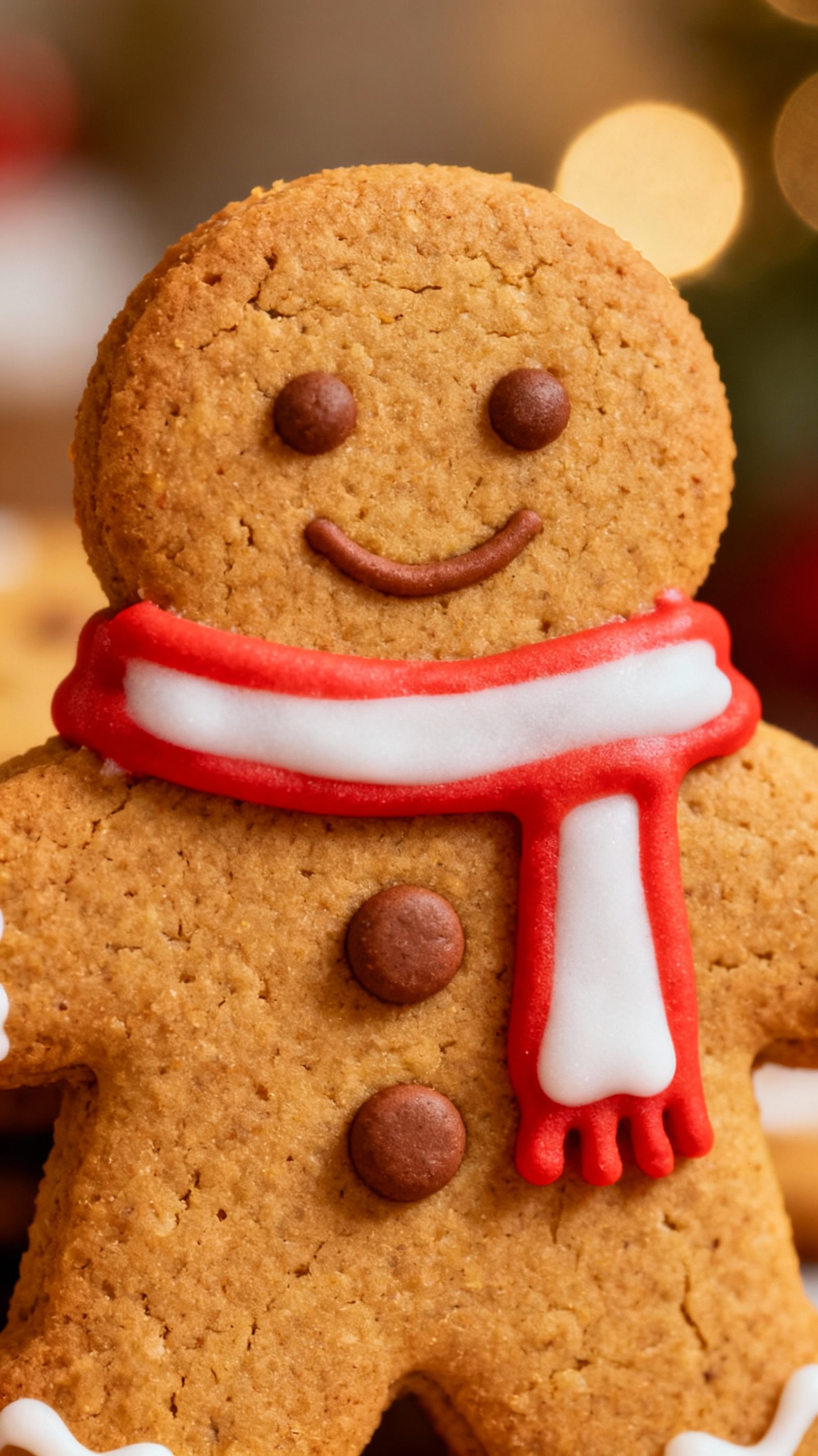 Closeup of gingerbread person cookie, royal icing scarf, buttons