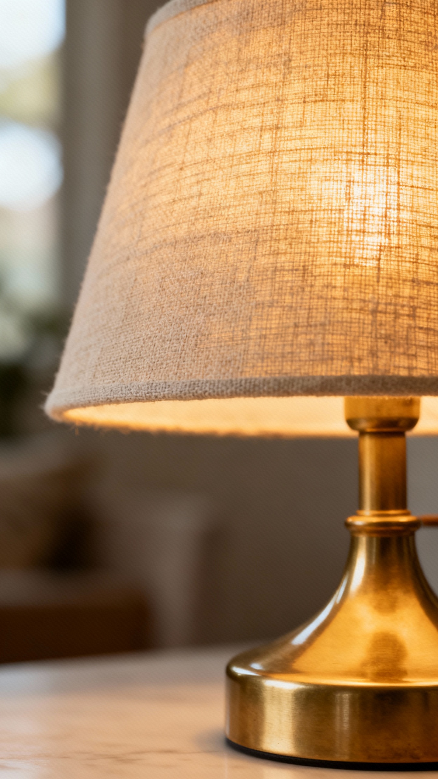 Closeup of linen-shaded table lamp, warm 2700K glow, brass base