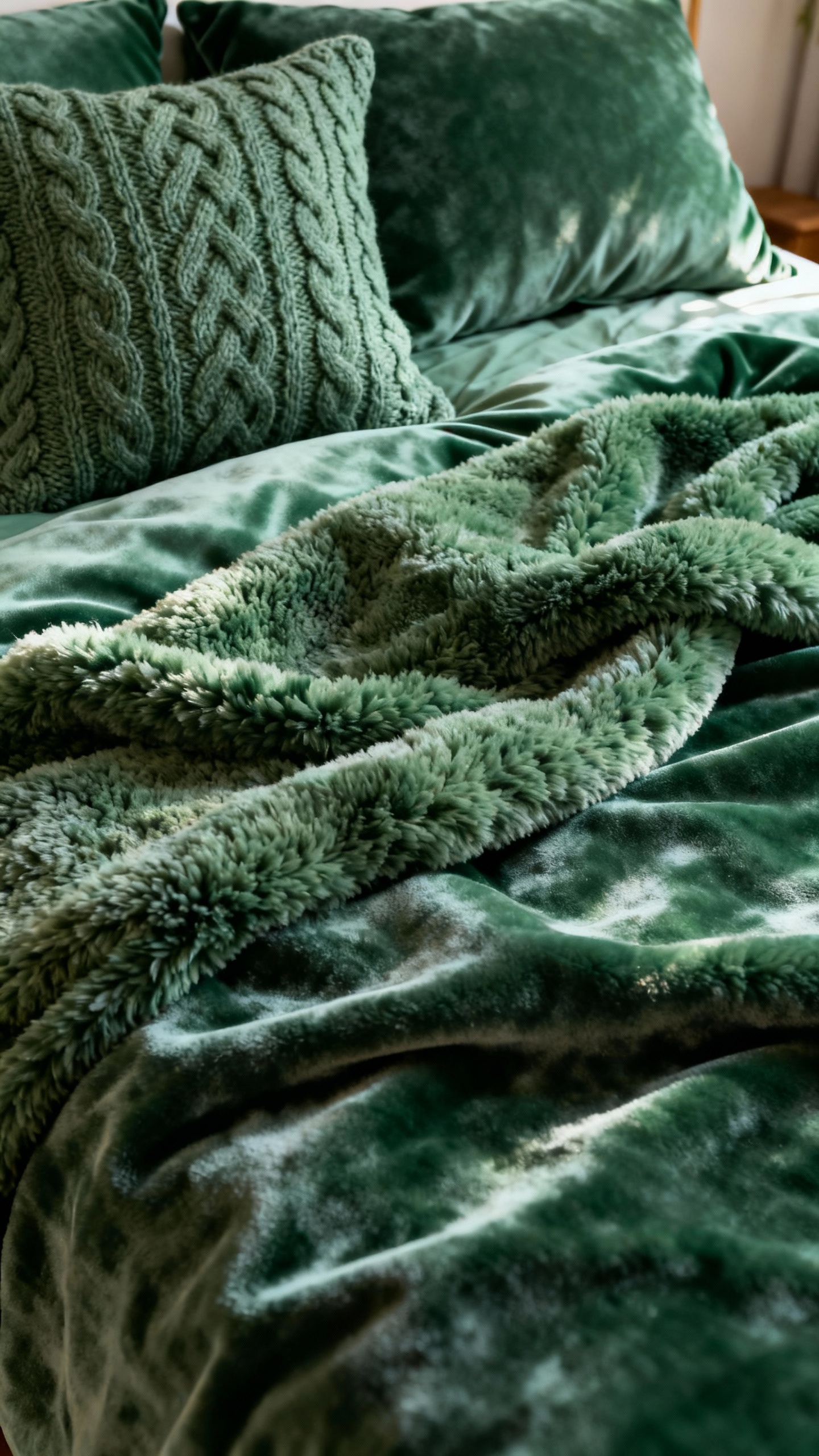 Closeup of sherpa throw and velvet duvet, forest green, cable-knit pillows