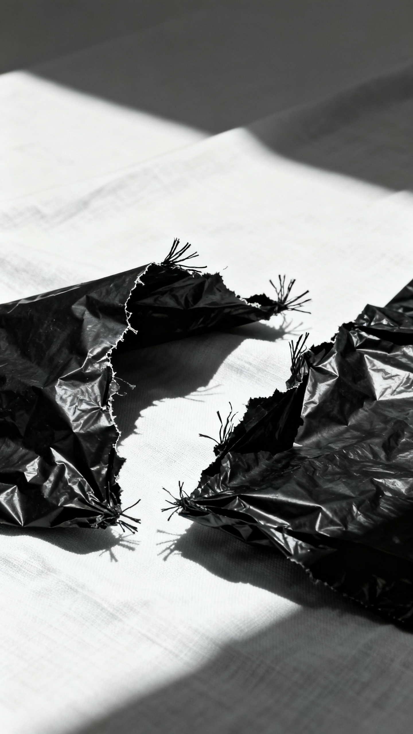 Closeup of torn black trash-bag rags over white fabric, jagged edges, lamp backlighting casting shar