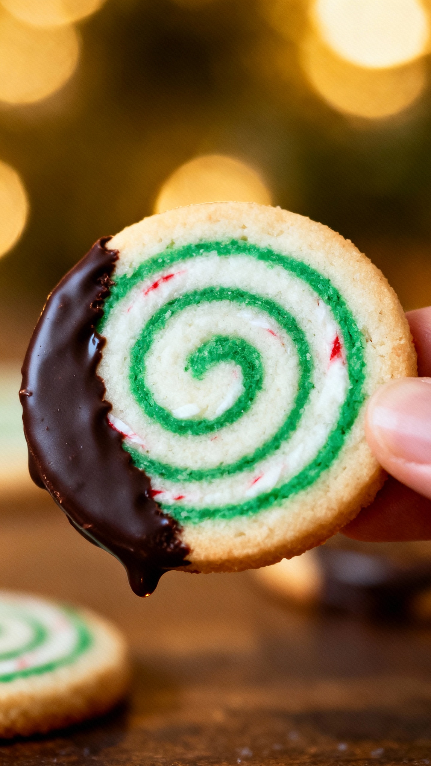Closeup peppermint pinwheel cookie half-dipped in dark chocolate