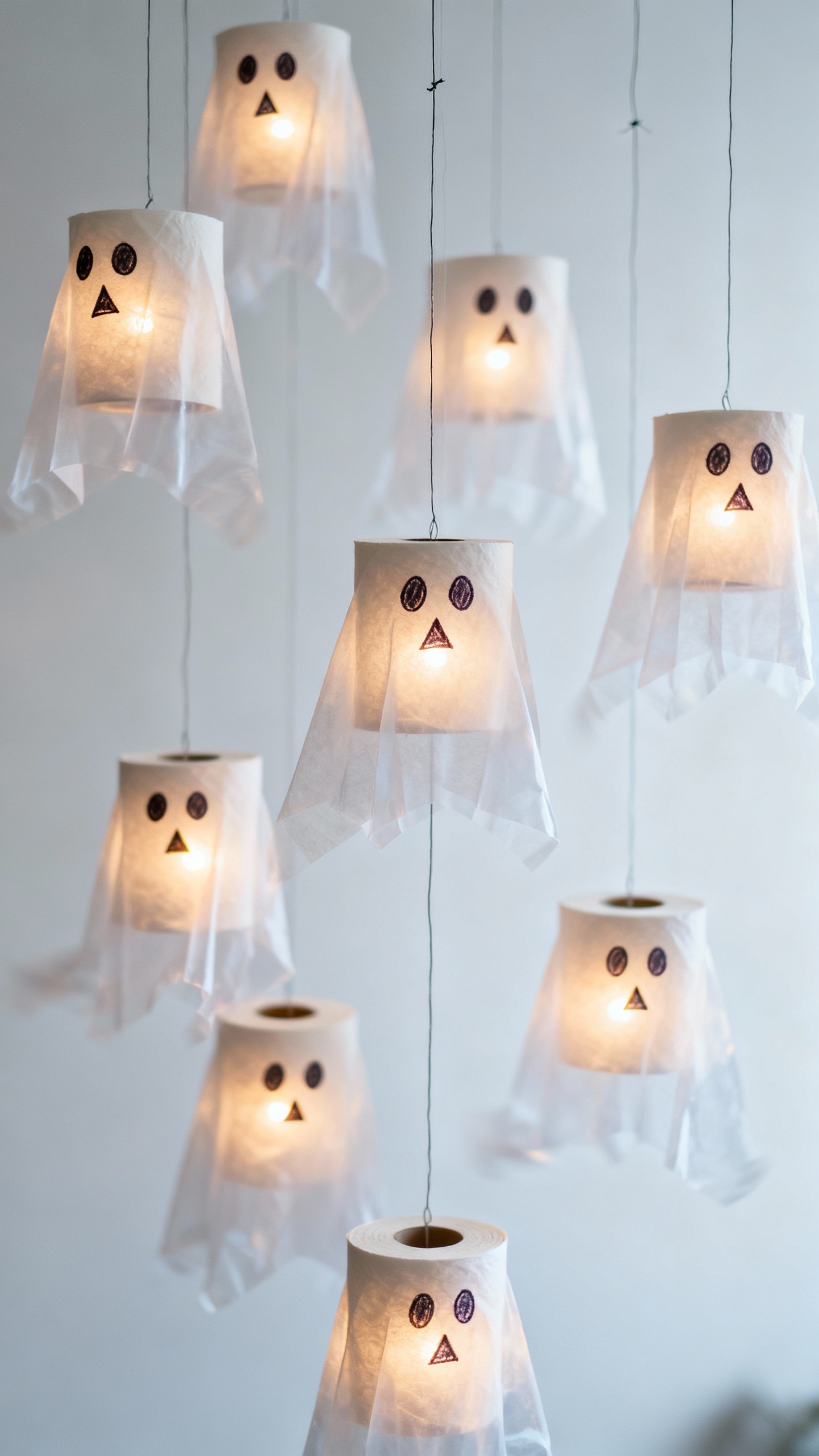 Cluster of small toilet-paper ghosts suspended on fishing line, marker faces, LED glow inside, diffe
