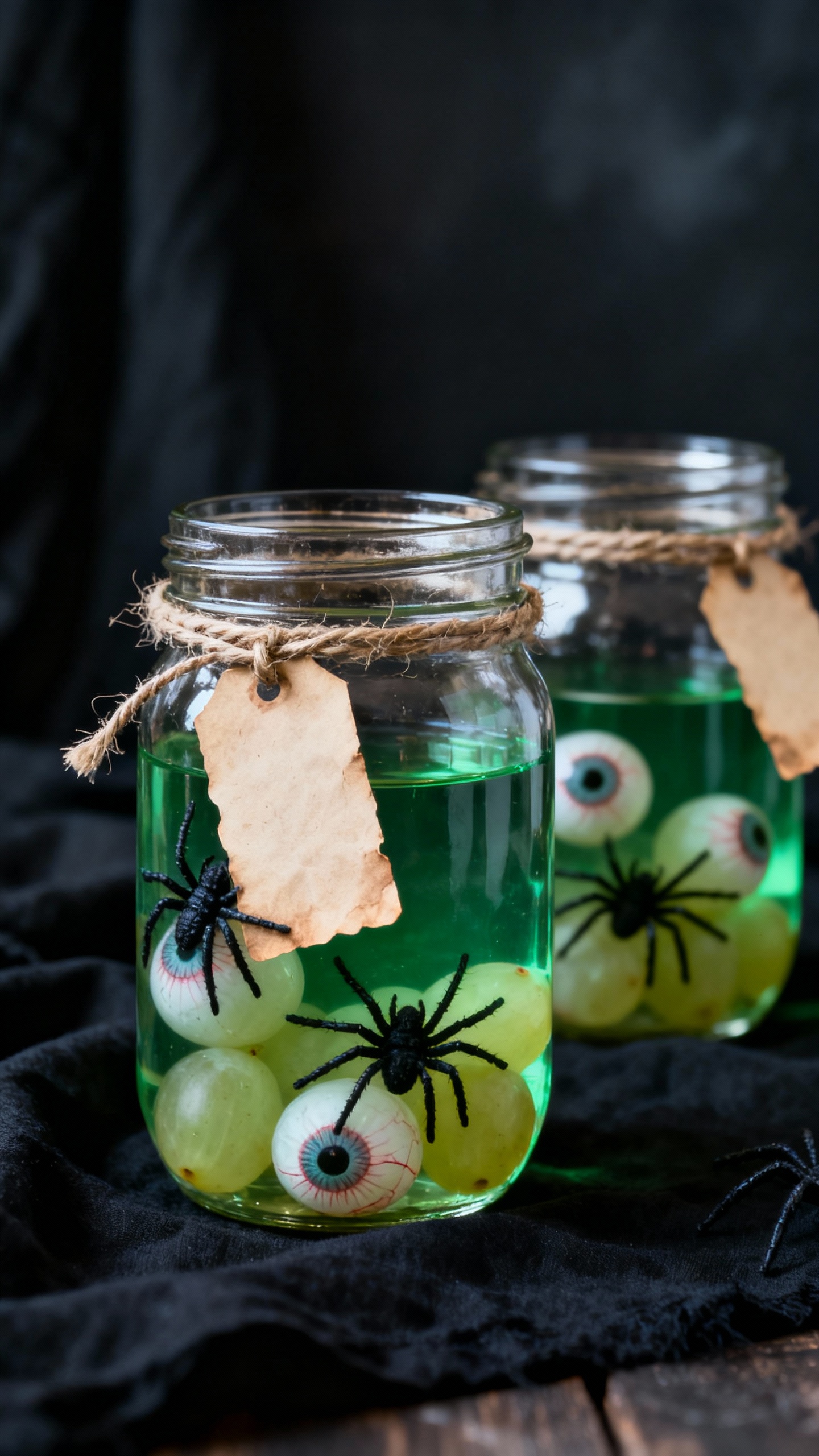 Glass kitchen jars with green-tinted water, plastic spiders and peeled grapes “eyeballs,” tea-st