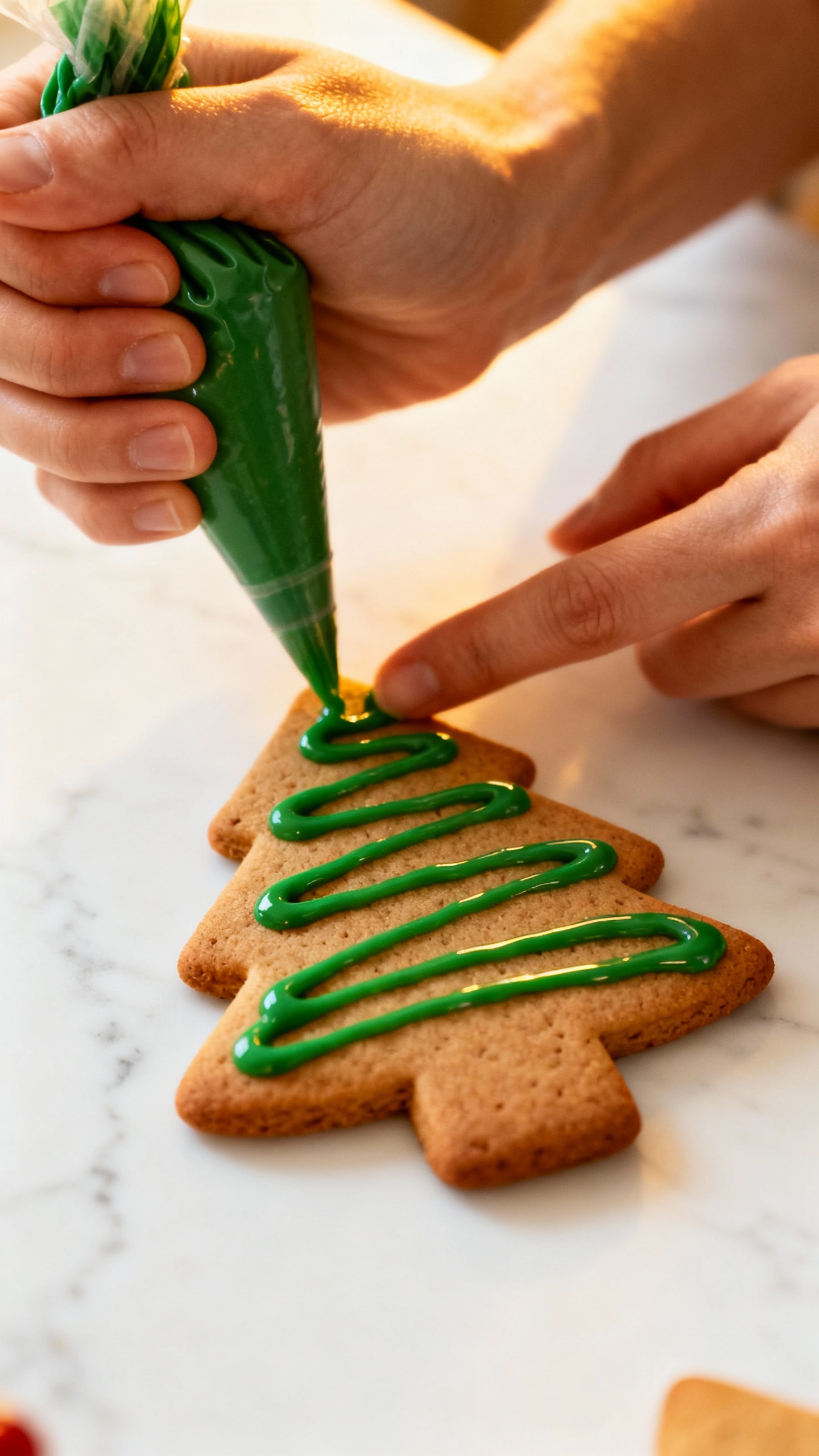 Hands piping zigzag green icing on tree-shaped sugar cookie