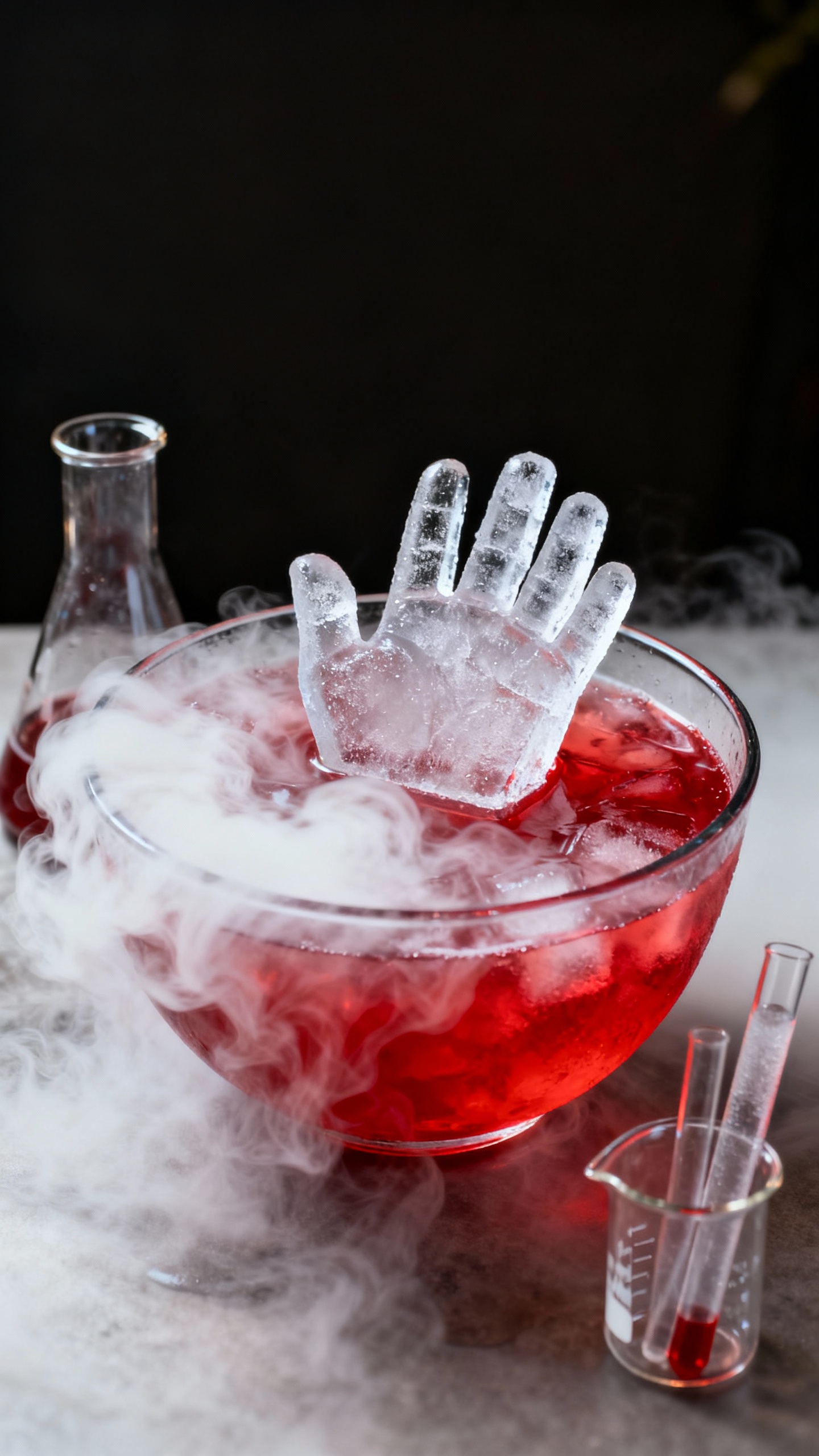 Punch bowl with red drink, dry ice fog, hand-shaped ice block, beakers and test tubes nearby