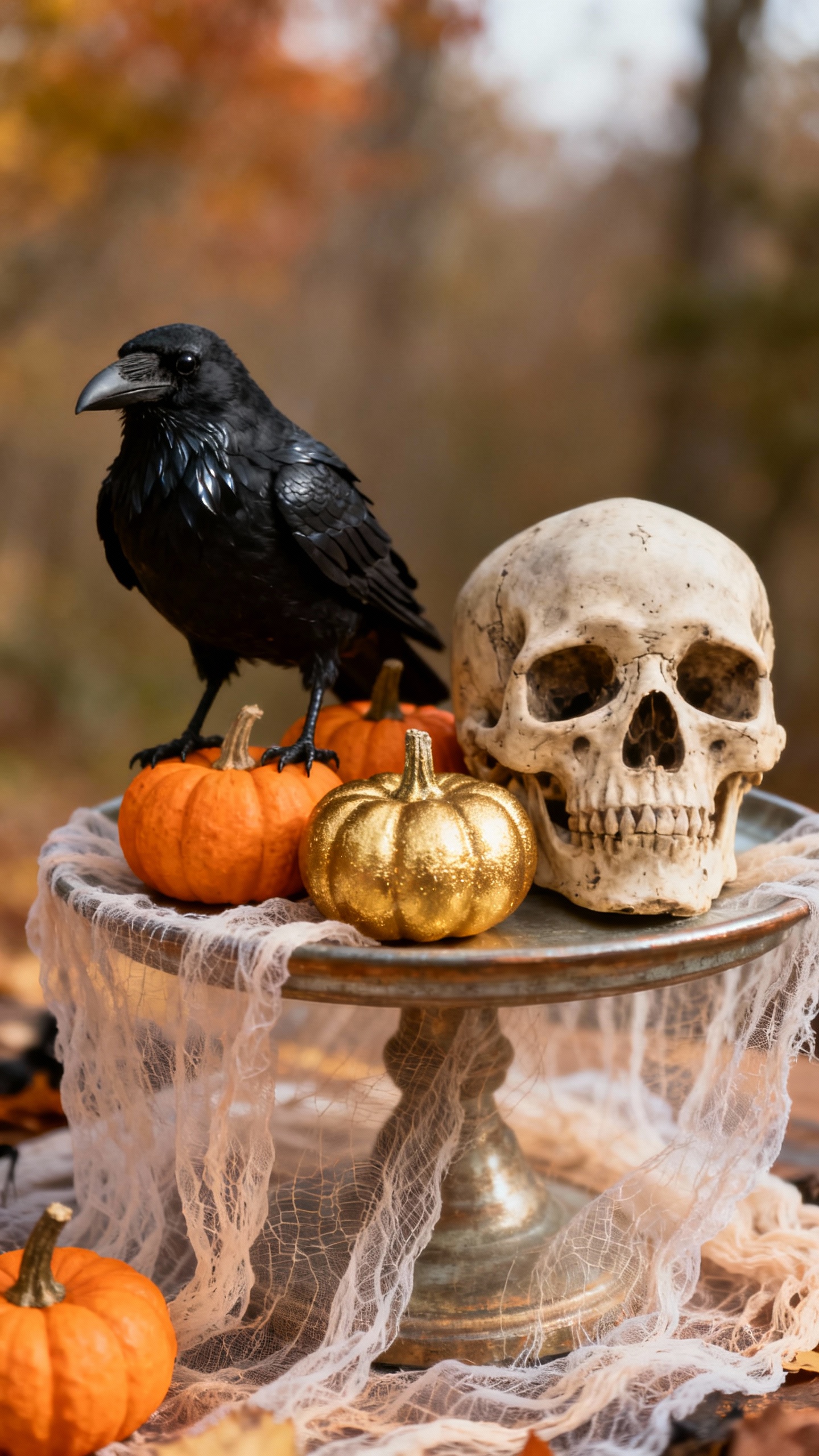 Tiered tray still life: mini pumpkins, raven, skull, gauzy runner